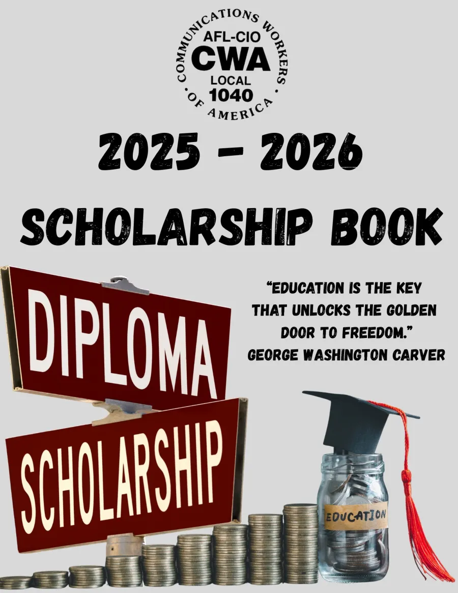 Scholarship book cover with educational quote, signs that read diploma and scholarship, coins stacked and a change jar filled with a graduation cap on top